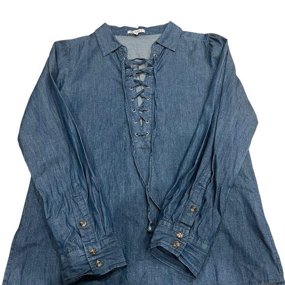 Noble U Lace Up Long Sleeve Collard Chambray Top Blouse Dark Blue Size Small - Picture 9 of 10